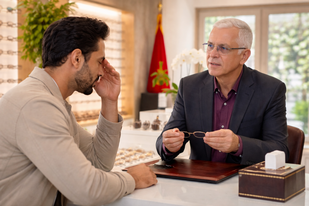 Photo de Benchekroun Mohammed Adnane dans son magasin d’optique à Salé pour illustrer un article sur la fatigue visuelle liée aux écrans et les solutions optiques.