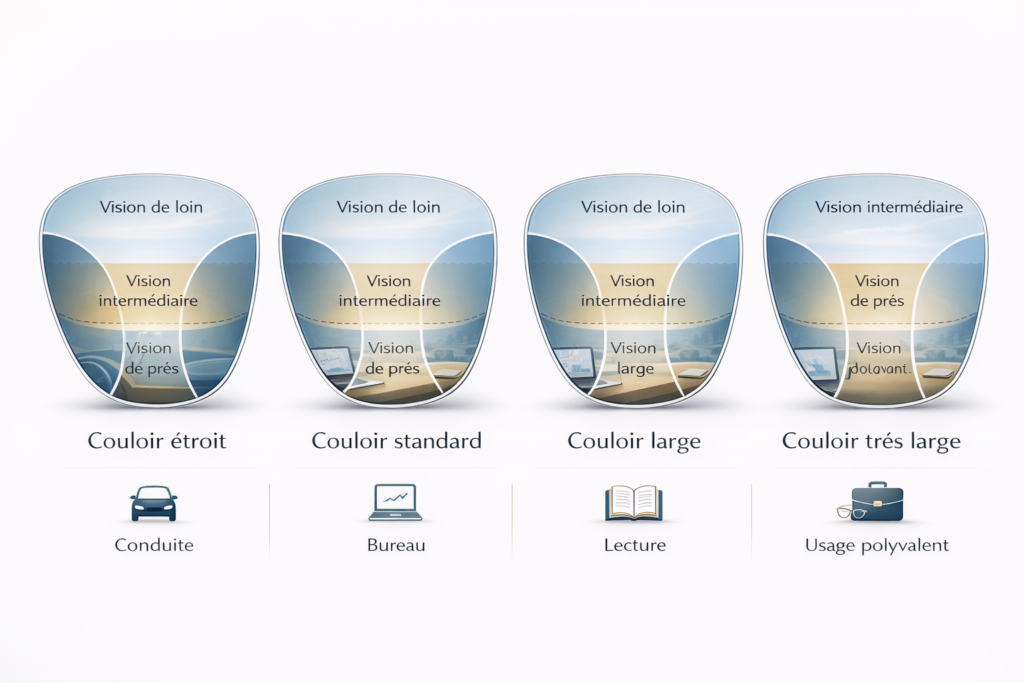Infographie comparant plusieurs types de verres progressifs selon leurs usages et leurs zones de vision. s’adapter aux verres progressifs